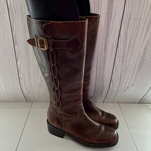 Vintage Rustic Brown Leather Chunky Boots Braided UnLined Boots Size 5.5
